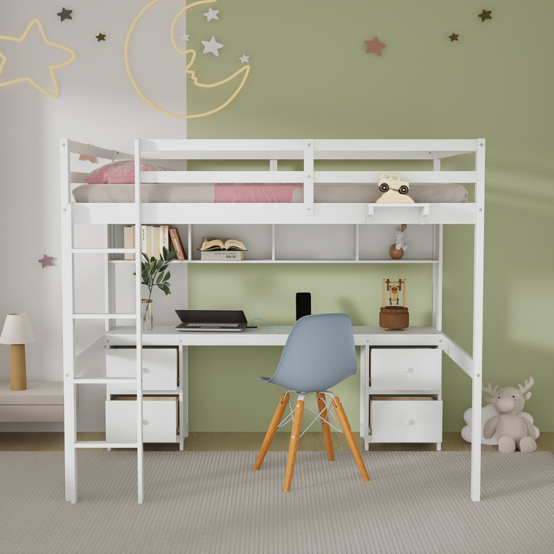 Hilel Kids Full Loft Bed with Drawers, White