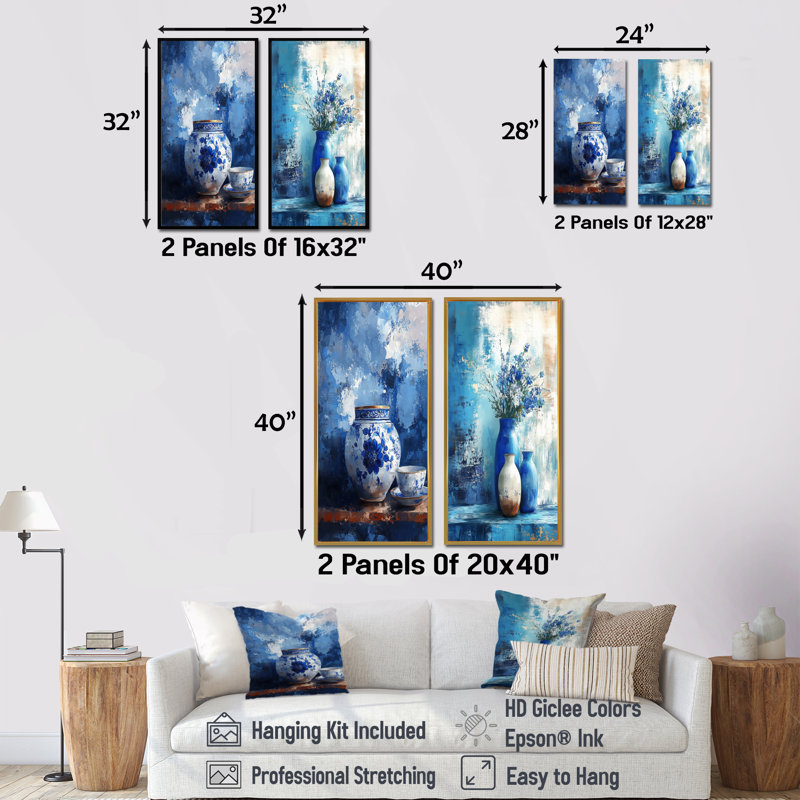 Ensemble de 2 pièces d'art mural bleu et blanc Boho Pottery I - Boho Pottery, Toile tendue, H 28 po x l 24 po