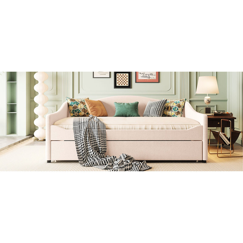 Lit de jour rembourré avec lit gigogne beige - Transformez votre chambre à coucher en un éclairage serein en molleton idéal pour un sommeil confortable