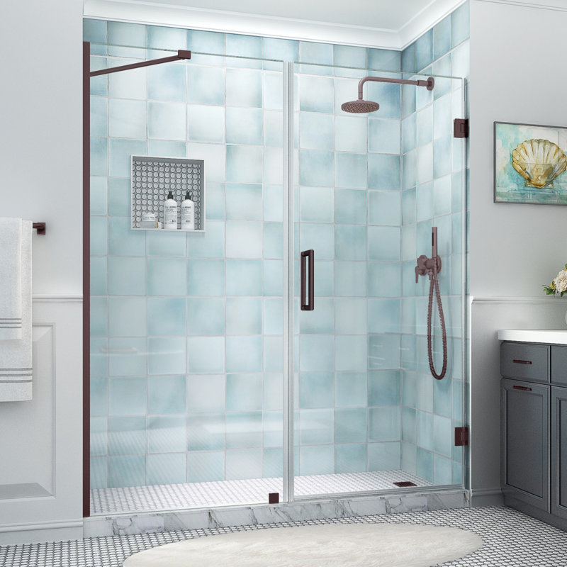 Belmore XL 69.25 - 70.25 in. x 80 in. Frameless Hinged Shower Door with Ultra-Bright Glass, Bronze, Clear Glass