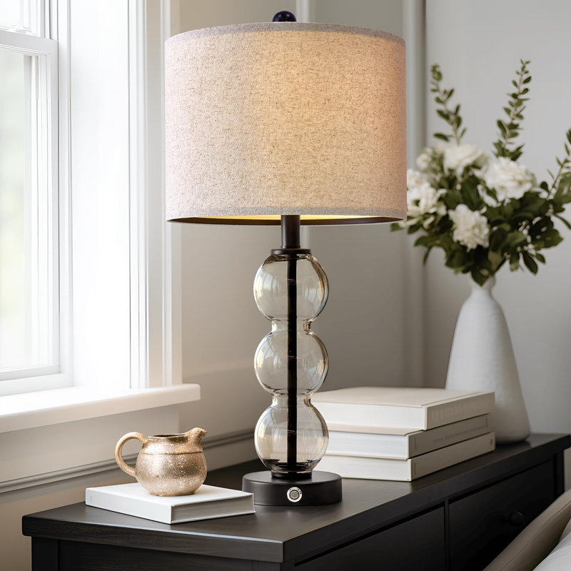 Lampe de table 24 po USB A + C 3 voies à contrôle tactile à intensité variable de style moderne en verre transparent et métal noir