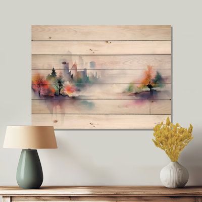 «Lake Eernal Balance In Autumn III», impression de paysage vert sur bois de pin naturel