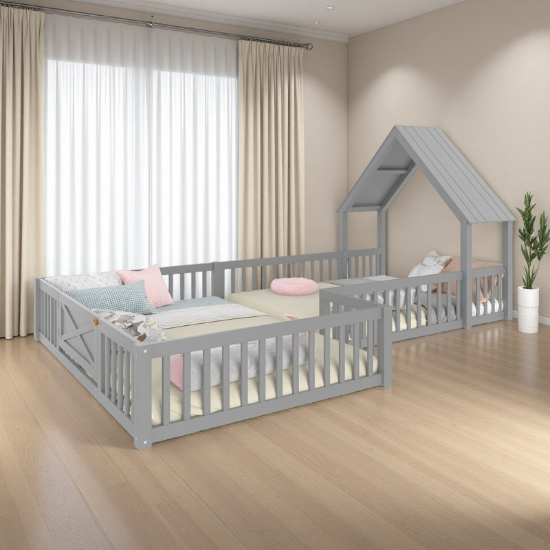 Lit maison, lit double avec porte et garde-corps pleine longueur, conception multifonctionnelle, Gris, Lit double