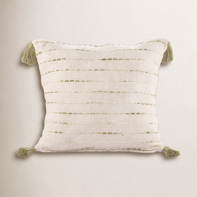 Housse et insert de coussin carré en mélange de coton Hainsly, Vert olive / naturel, Plumes