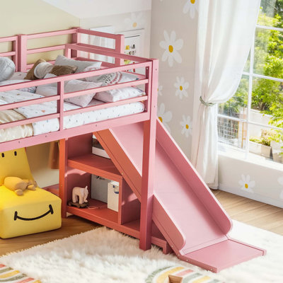 Lit mezzanine simple en métal avec glissoire, échelle, tiroirs de rangement et bande DEL pour enfants et adolescents, rose