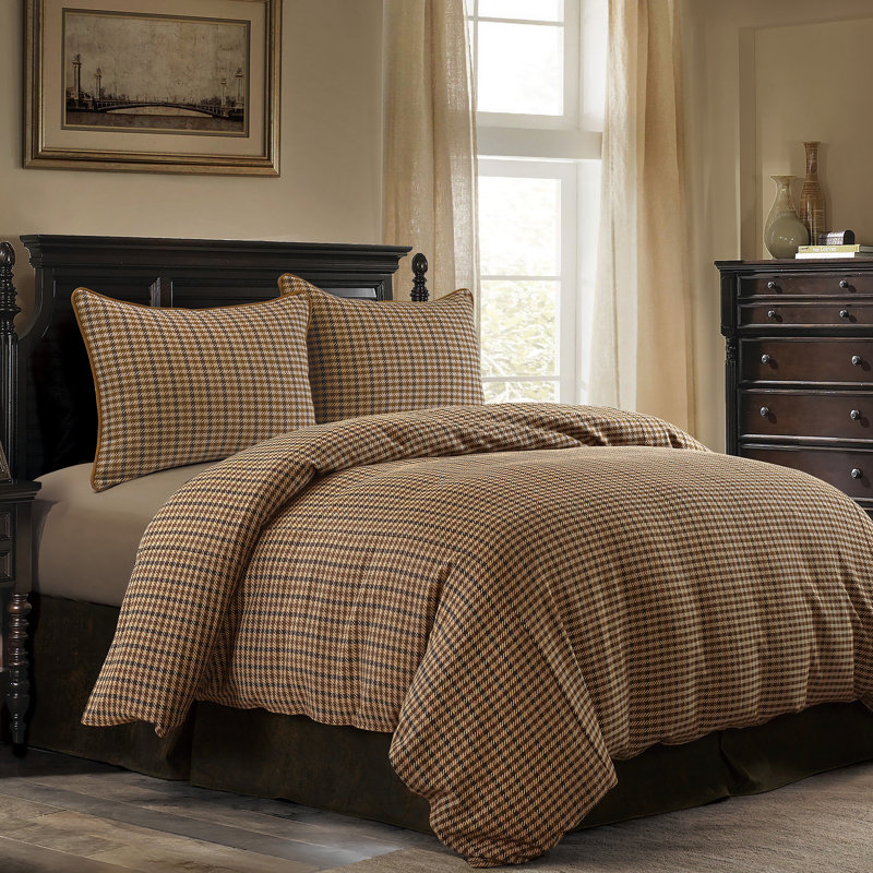 Clifton Brown Tweed Houndstooth Rustic Cabin Lodge Updated Classic Duvet Cover Set, Queen Duvet Cover + 2 Standard Shams