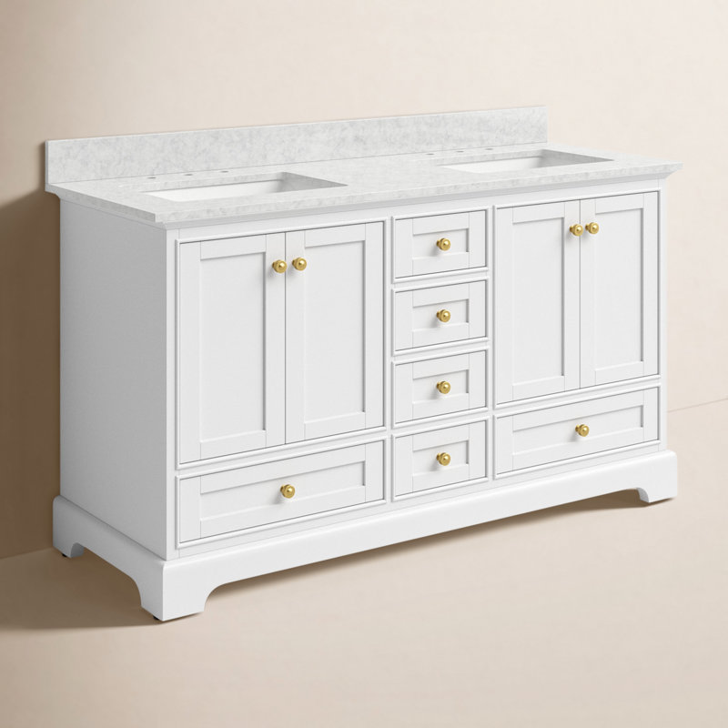 Ensemble de meuble-lavabo double 60 po Varna, Blanc/or brossé, Marbre blanc de Carrare