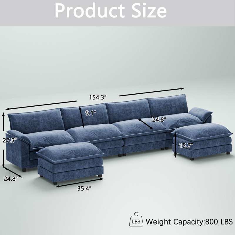 6-Piece 154.3" Oversized U-Shaped Modular Sectional Sofa with Cloud-Like Cushions, Blue
