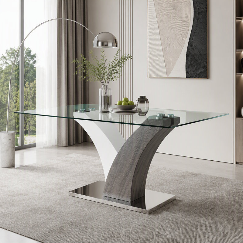 Modern Rectangular Dining Table with Glass Top and MDF Legs