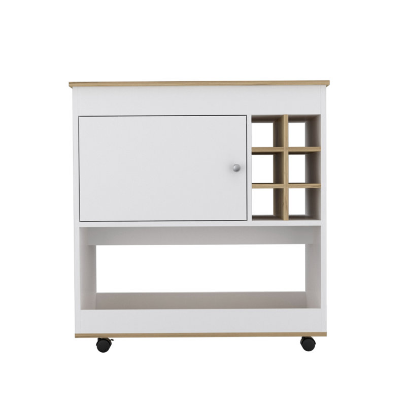 Lotus Bar Cart, Six Bottle Cubbies, One Cabinet, Four Casters, Light Oak / White