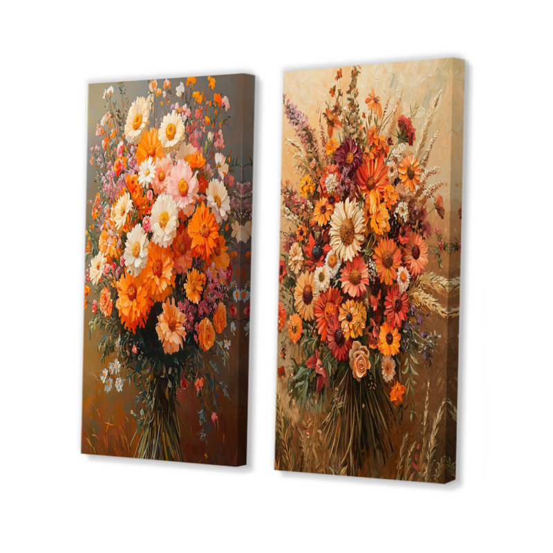 Assortiment de bouquets d'automne symphonie brune I - décoration murale florale 2 panneaux, H 28 po x l 25 po, Toile tendue