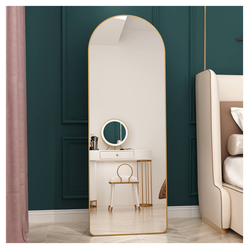Miroir de plancher arqué pleine longueur avec cadre en alliage d'aluminium doré - Miroir surdimensionné arqué pour la chambre à coucher, le salon et le vestibule
