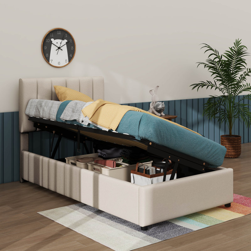 Twin Bed With Hydraulic Lift Storage And Linen-Upholstered Frame, Beige