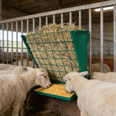 Wall Mount Hay & Grain Feeder for Livestock, Heavy Duty Galvanized Steel with 18.5 Gallon Capacity & Bottom Trough - Indoor/Outdoor
