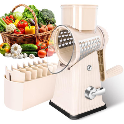 Râpe à fromage rotative avec 5 pales bien conçues et base d'aspiration solide, trancheuse de légumes à mandoline de cuisine avec boîte de rangement pour lames