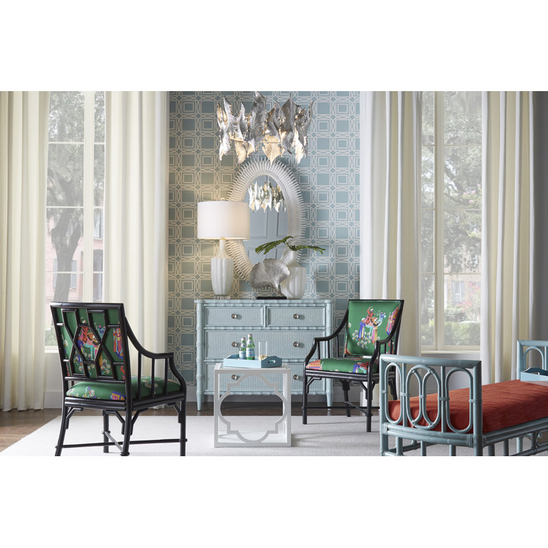 Whitewashed Yarmouth Blue Rattan Upholstered Bench