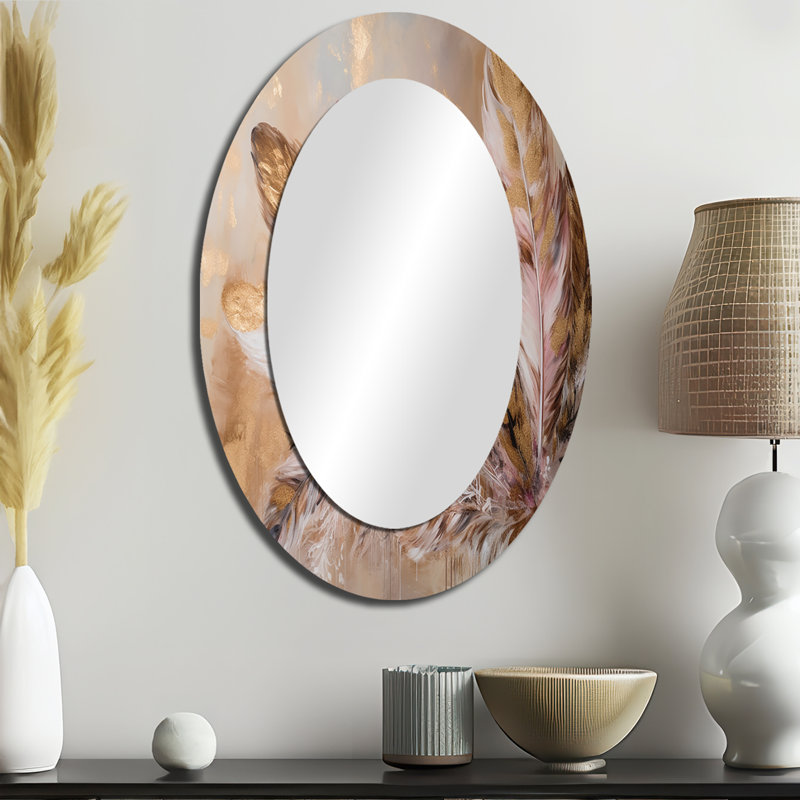 Plume dorée Boho Majesty - grand miroir mural ovale sur métal, 36 po x 24 po