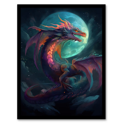 Alcinio Full Moon Dragon Blue Purple Fantasy Creature - Single Picture Frame Print