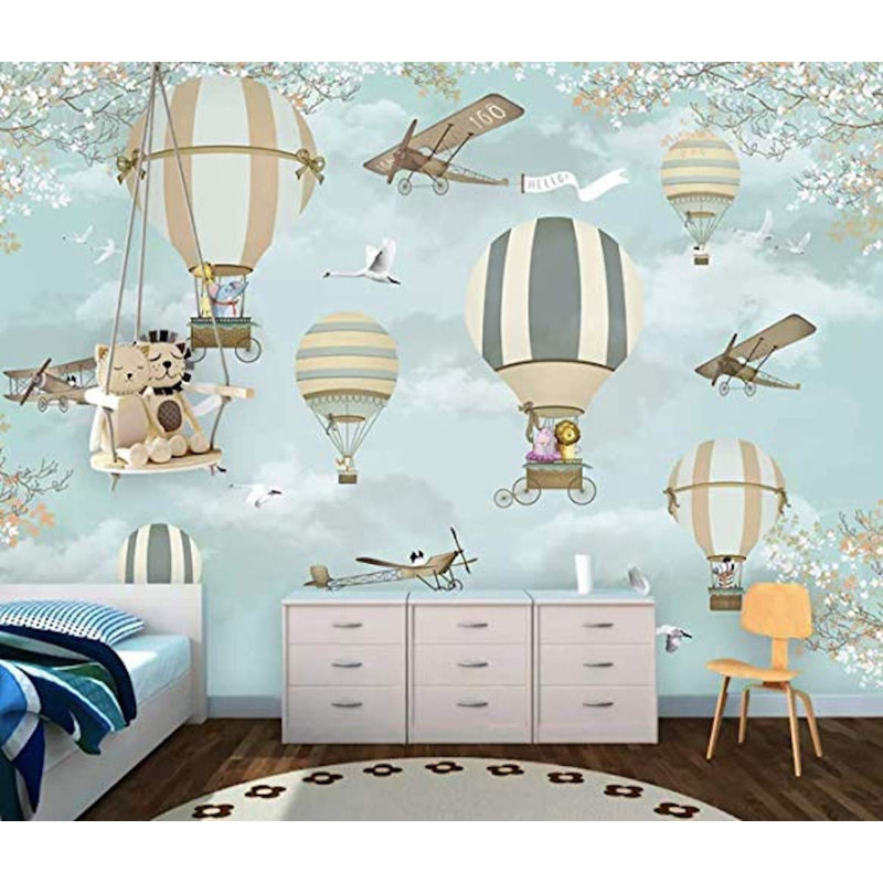 Papier peint amovible avec petite montgolfière, animaux et aéronefs, L 114 po x l 204 po
