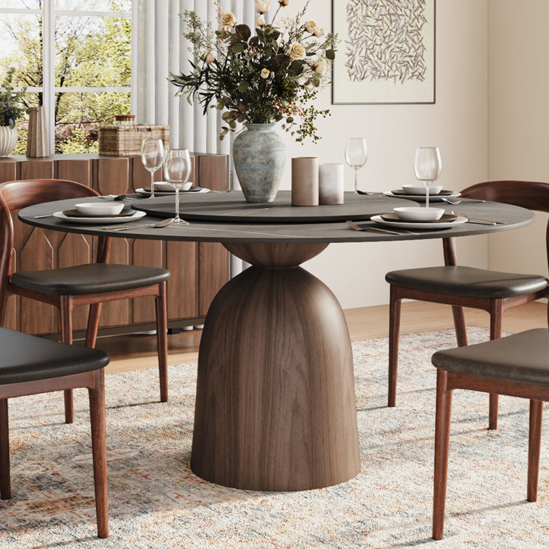Table de salle à manger grise en bois foncé avec plateau tournant pour 6 à 8 personnes