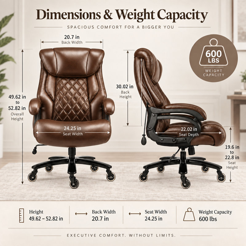 Fauteuil de bureau de direction grande taille avec soutien lombaire réglable et assise extra-large, Brun