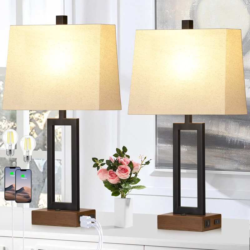 23.5'' Black Metal Table Lamps with Linen Shades and USB Ports, Set of 2