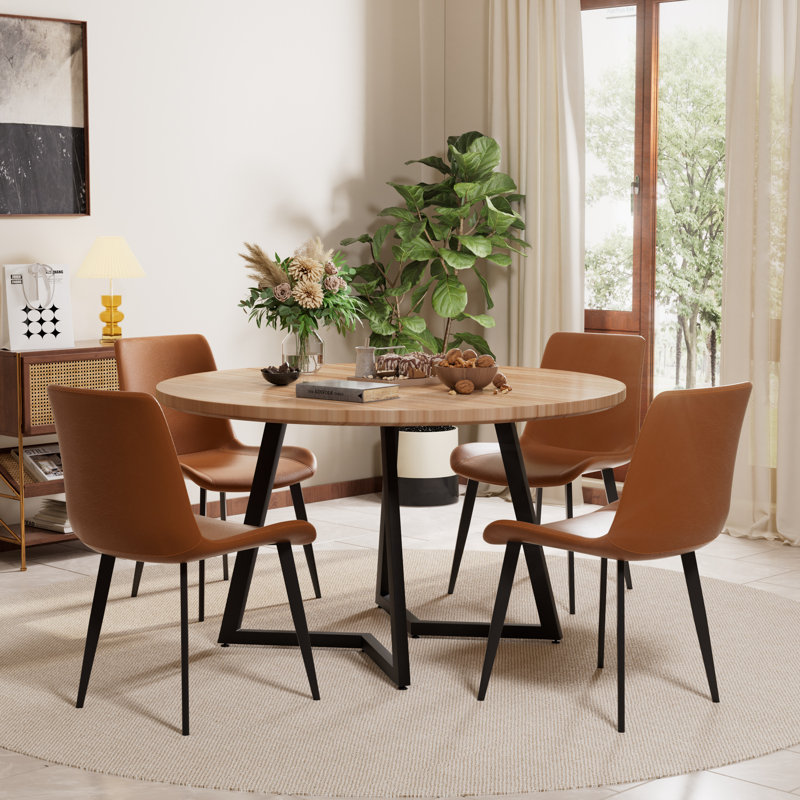 Mid Century Round Dining Table Sets, Brown, Natural Wood, 5
