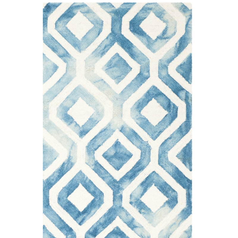Bryauna Hand Tufted Wool/Cotton Geometric Rug in Ivory/Blue, Rectangle 8' x 10'