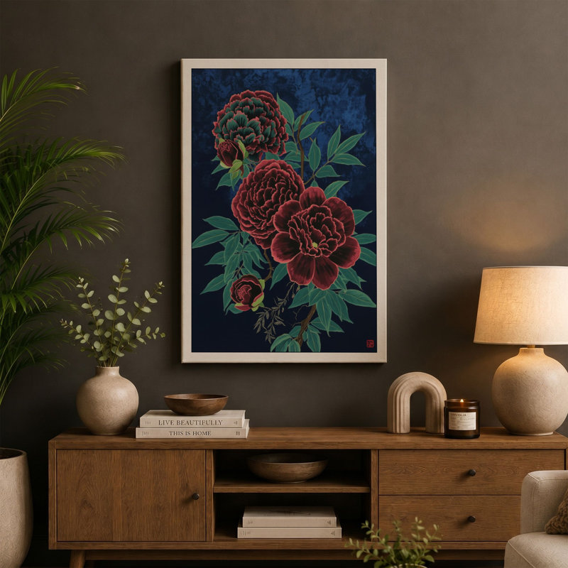 Crimson Peonies in Bloom Botanical - Wrapped Canvas, 30x20 - 76.2 x 50.8 cm, Taupe Border