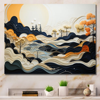Grey Orange Line Art Landscape - Abstract Line Wall Art Living Room