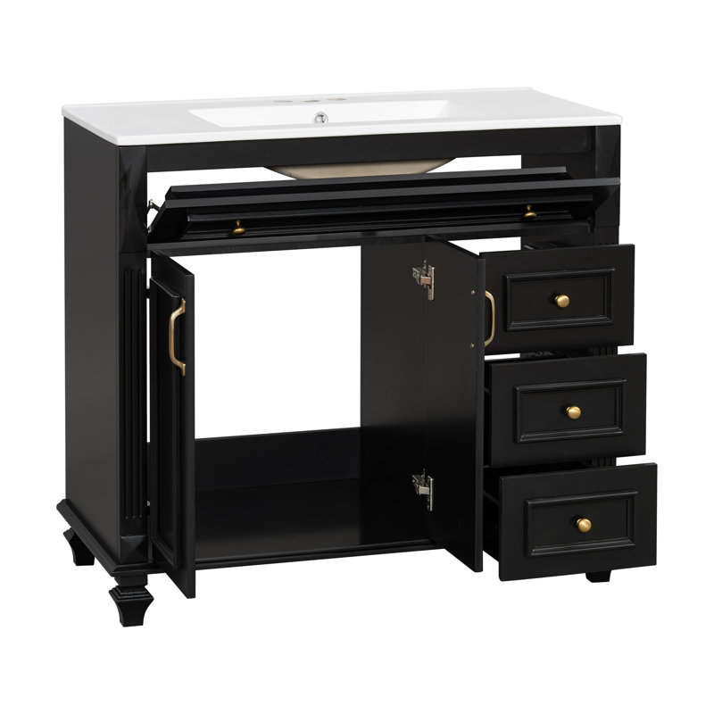 Meuble-lavabo 36 po avec lavabo en céramique, 4 tiroirs et 2 portes à fermeture en douceur, Noir, noir, noir, noir