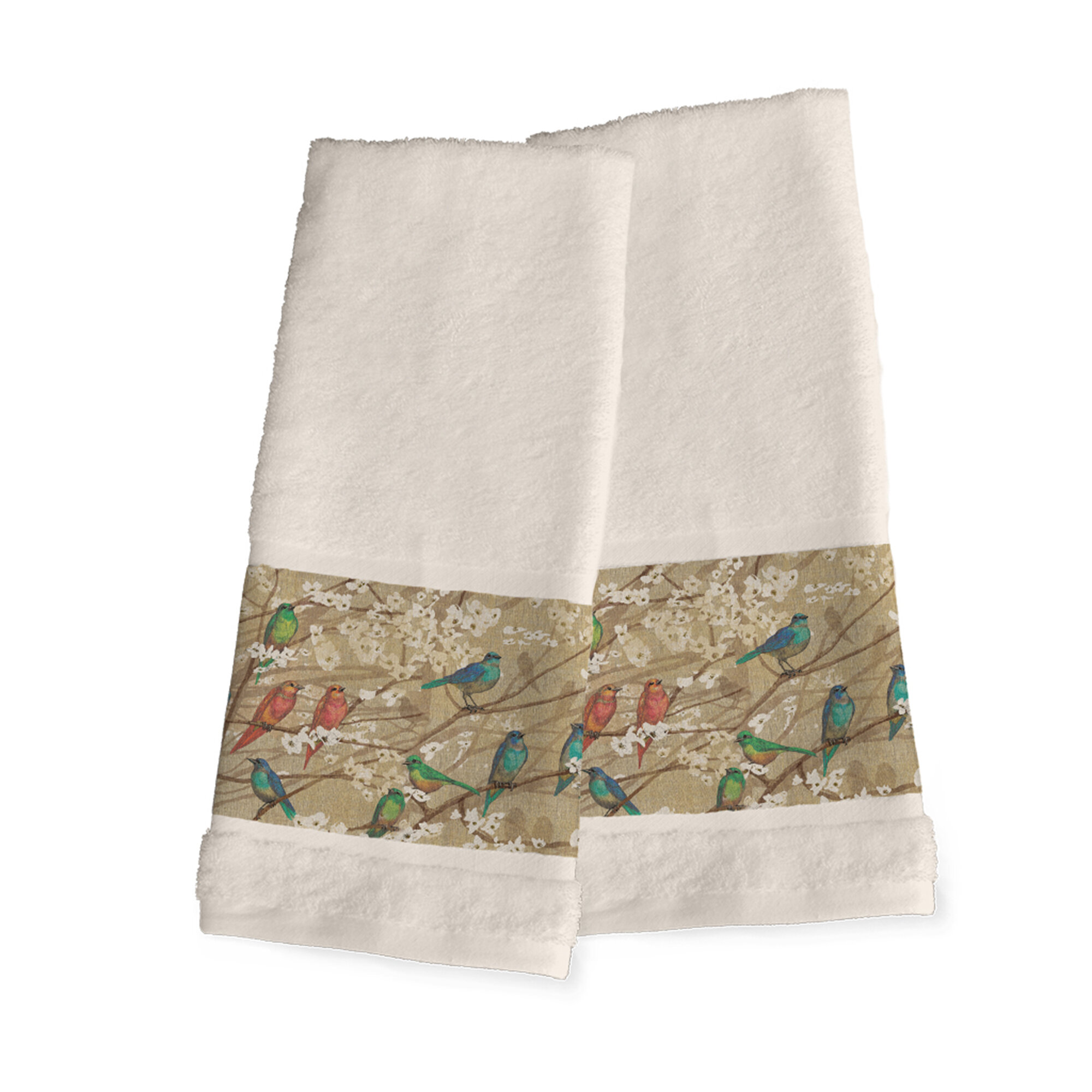 New Embroidered Bird on Branch Nature Bathroom Terry Cotton Hand Towels SET