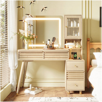 45.9'' Makeup Vanity Desk with Mirror and Lights, Vanity Table with 5 Drawers and Rubber Wood Legs, Dressing Table with Fluted Glass Storage Cabinet and Power Outlet,Natural