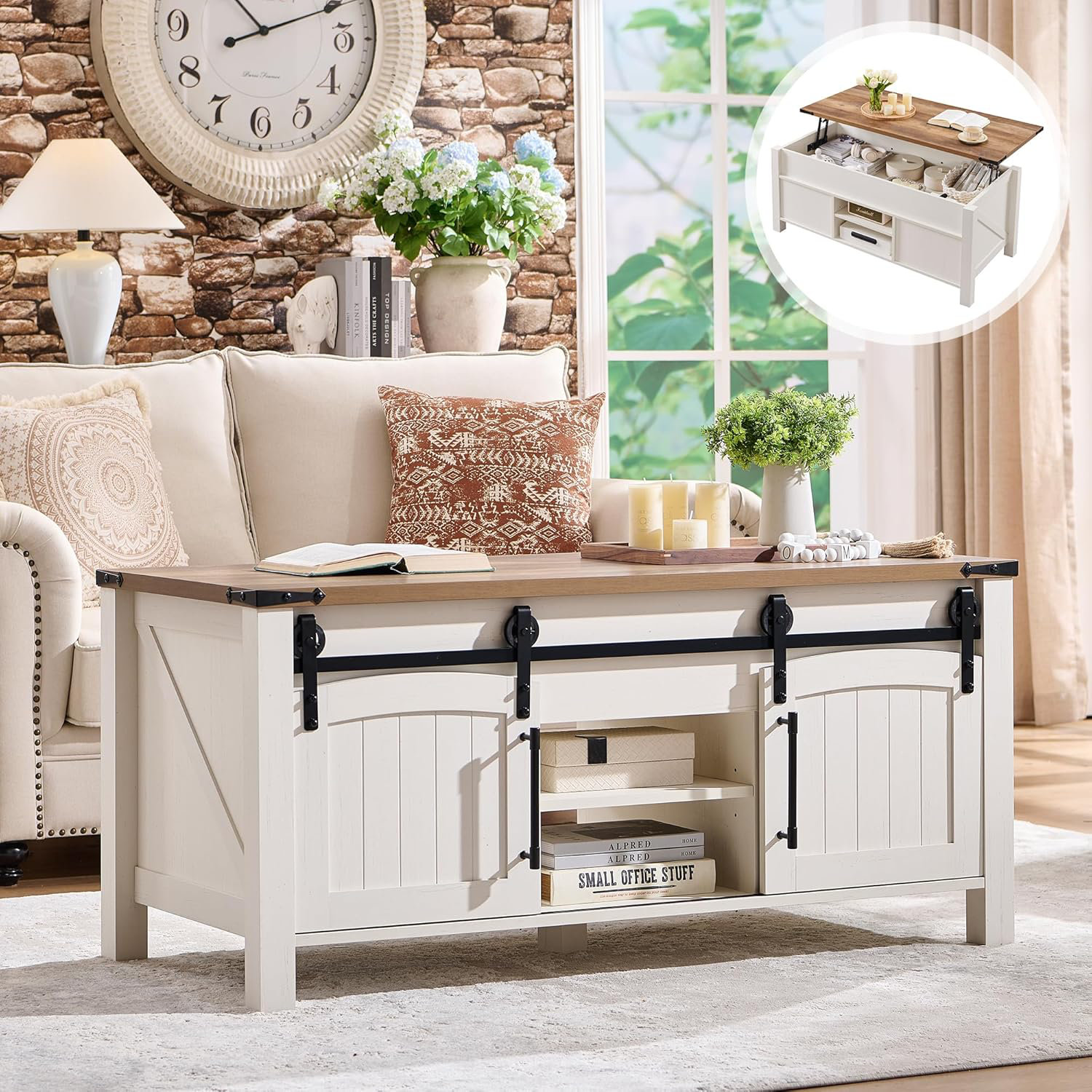 Gracie Oaks Farmhouse Lifts Top Coffee Table With Sliding Door | Wayfair