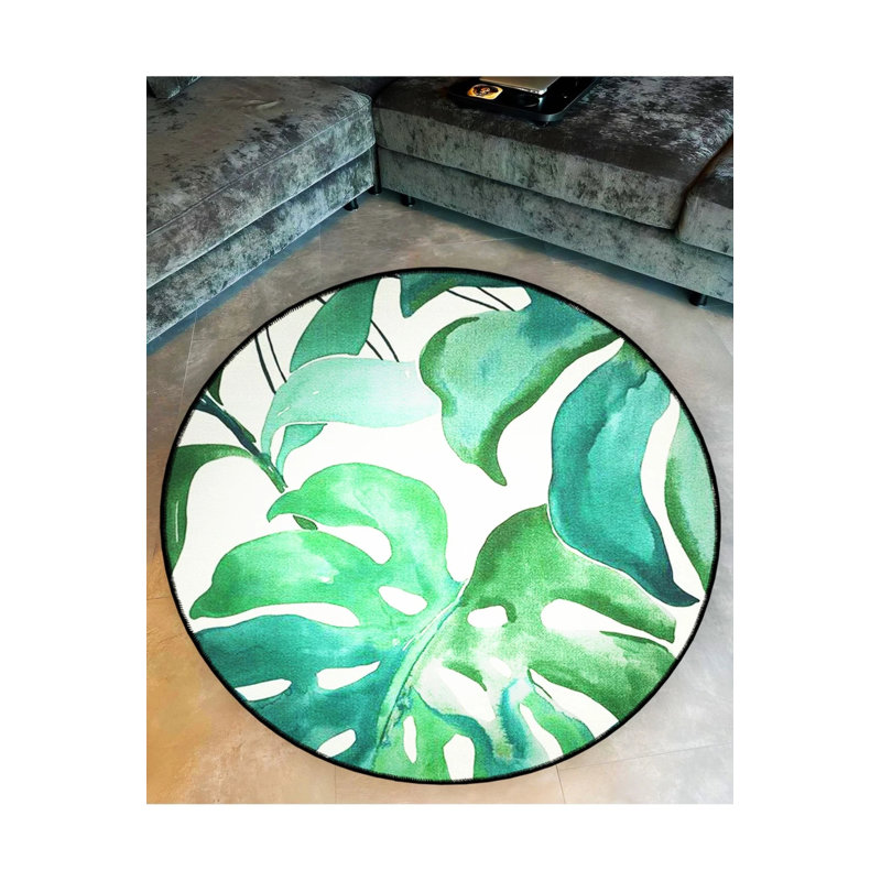 Green Leaf Patterned Woven Base Decorative Carpet, Round 4'