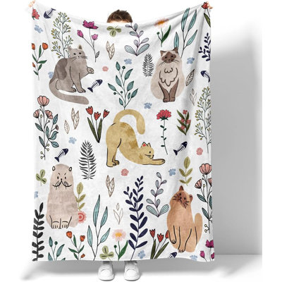 Cat Throw Blanket Floral Flower Blankets Gift for Cat Lover Throw Blanket Cats Themed Flannel Cozy Fuzzy Plush Blankets for Bed Chair Couch