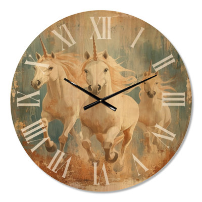 Galloping Unicorn Trio - Kids Wall Clock, Printed on Wood