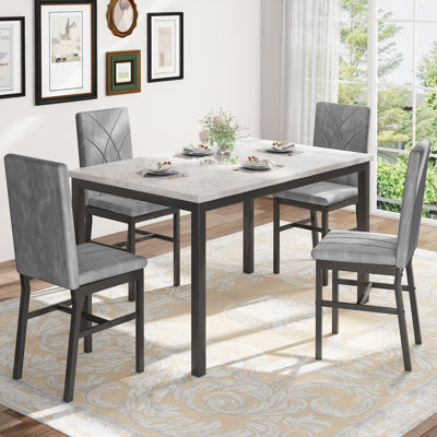 5 Piece Dining Table Set For 4, Rectangle Faux Marble Dinette Set With 4 Upholstered Chairs For Kitchen, Breakfast Nook, Small Space