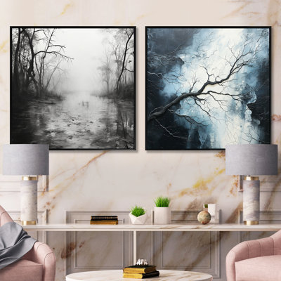 «Enchanted Foggy Woods River», ensemble de 2 collages carrés à Forest River