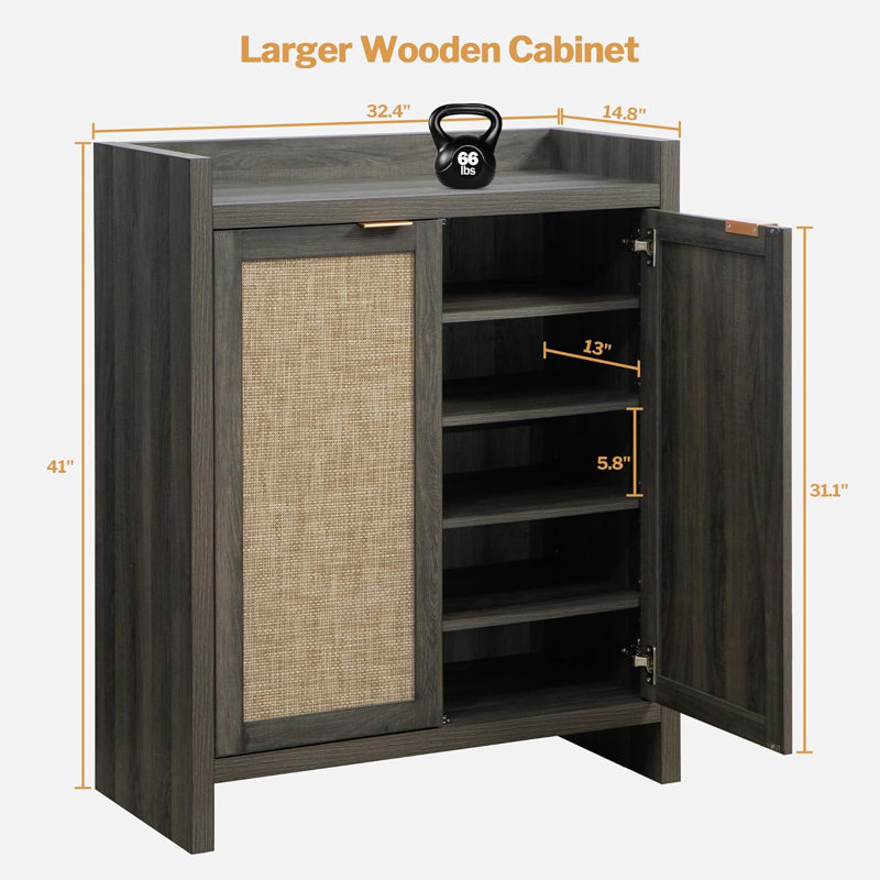 Large Capacity 6-Tier Shoe Cabinet Set Of 2, Farmhouse Rattan Shoe Storage Organizer With Adjustable Shelves And Doors, Entryway Hallway Wooden Storage Cabinet