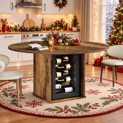47.2" Round Dining Table for 4-6 with Storage Cabinet, Wine Glass Rack & Mini Fridge Space