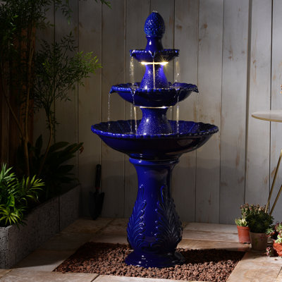 3-Tier Dark Blue Ceramic Fountain, Decorative Water Fountain with LED Lights and Quiet Pump, Indoor Outdoor Water Feature for Patio, Garden, Deck, Balcony, Office and Home Décor, Relaxing Cascading Water Design