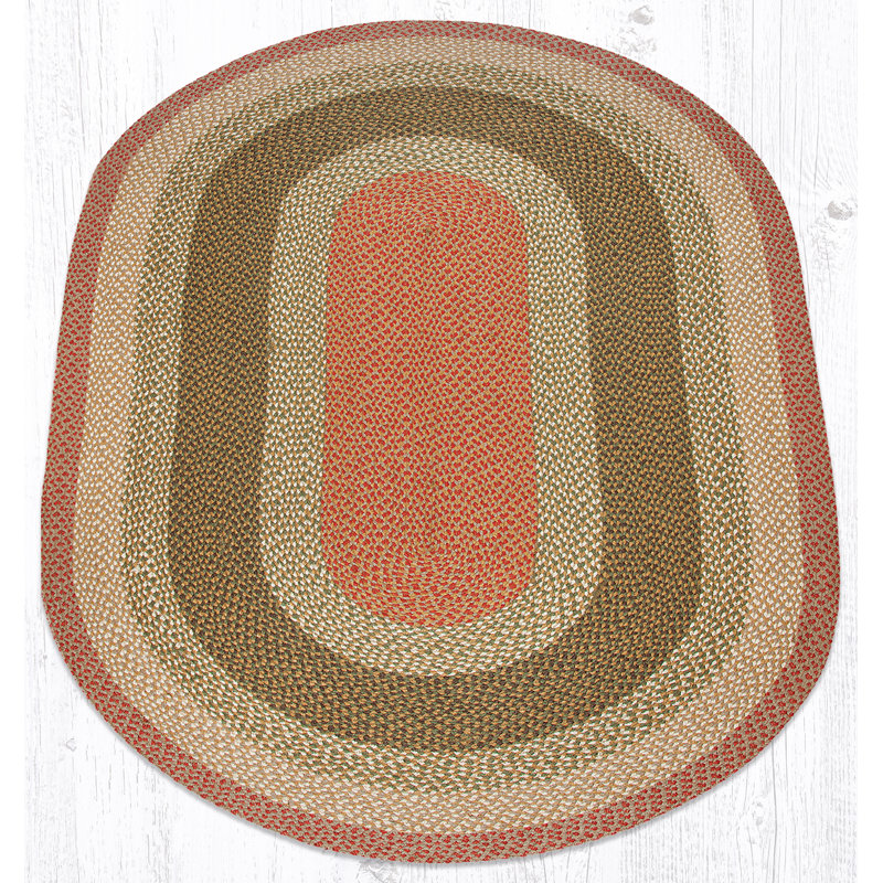  Tapis ovale olive, bourgogne et gris en jute tressé - Tapis rustique fait à la main, Ovale 5 pi x 8 pi