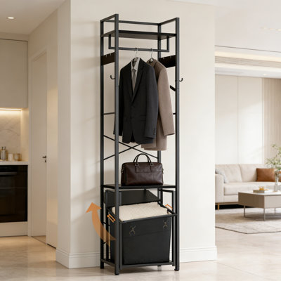 Arbre d'entrée multifonctionnel avec panier à linge et tablettes de rangement | Portant à vêtements autoportant avec paniers amovibles sur roulettes, tringles de suspension et crochets pour l'organisation de la chambre à coucher, du vestibule ou de la salle de lavage