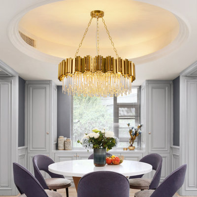 Lustre moderne en cristal rond doré, 12 lumières, diamètre 31,5 pouces, hauteur réglable