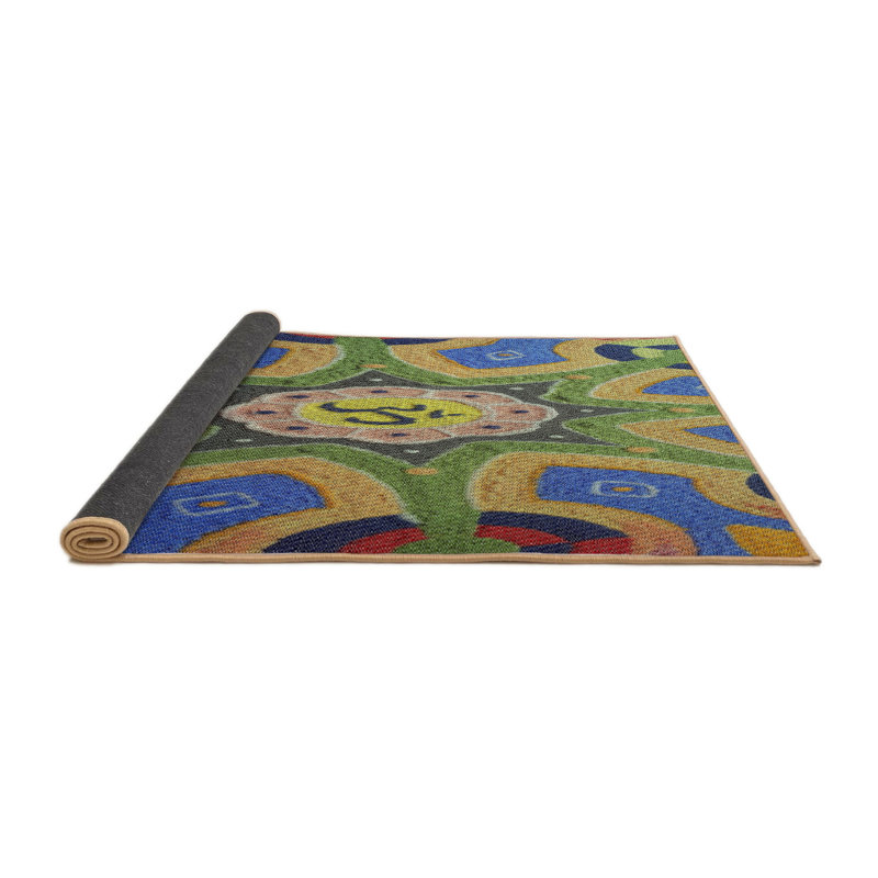 Tapis vert/bleu/jaune tissé à la machine, Rond 6 pi