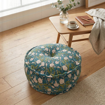 Repose-pieds indigo imprimé floral, siège rond fabriqué à la main Boho