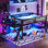 Lit mezzanine pleine grandeur avec bureau avec pieds en forme de X, lumières DEL, ports USB, escalier et garde-corps en maille - Structure en métal noir, lit surélevé peu encombrant pour les dortoirs, les chambres et les salles de jeux