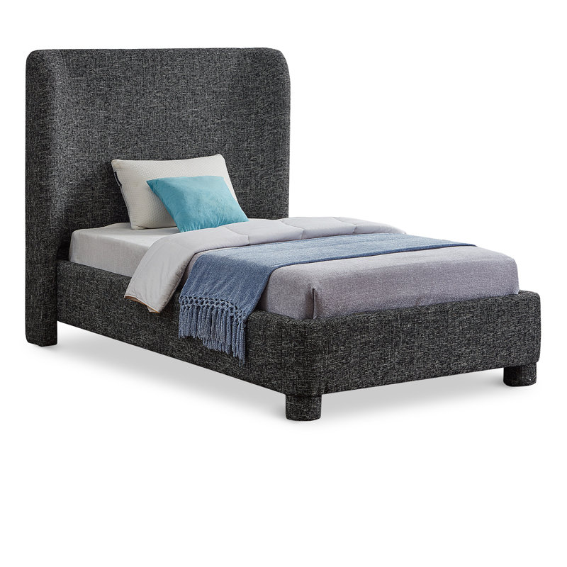 Kiria Upholstered Wingback Bed, Black Linen Textured Fabric, Twin