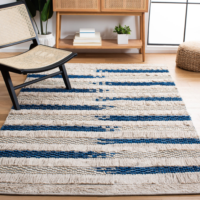 Stanwick Striped Handwoven Cotton Beige/Blue Area Rug, Rectangle 6' x 9'